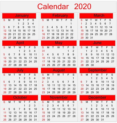 Carolina 12 Month Large Print Yearly Free Printable Calendar 2020