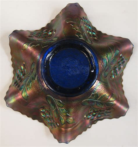 Antique Fenton Cobalt Blue Leaf Chain Carnival Glass 6 Ruffle Bowl