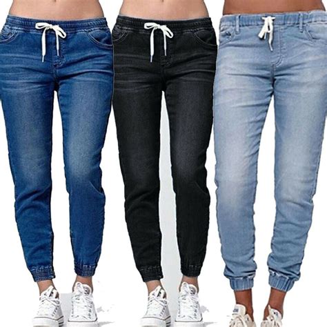 womens elastic waist pencil stretch denim skinny drawstring jeans pants