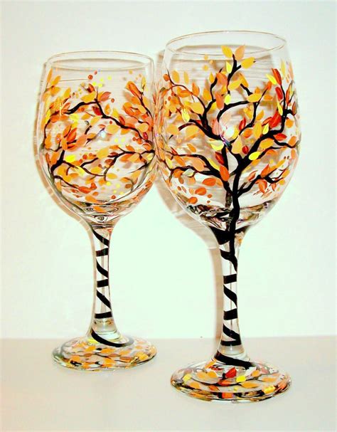 Fall Leaves Fall Trees Autumn Hand Painted Wine Glasses Set Of