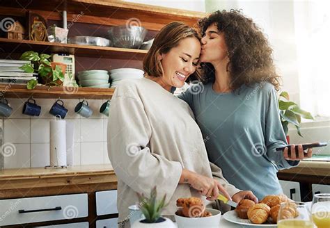 Lesbian Couple And Kiss In Kitchen With Breakfast In Morning Together