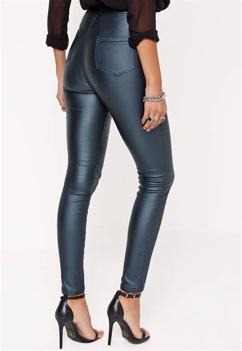 Lyst Missguided Vice High Waisted Coated Skinny Jeans Blue In Blue