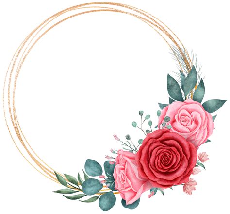 ramo de flores rosas  marco de circulo de brillo dorado acuarela