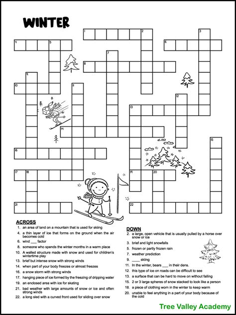 printable winter crossword puzzles  kids tree valley academy