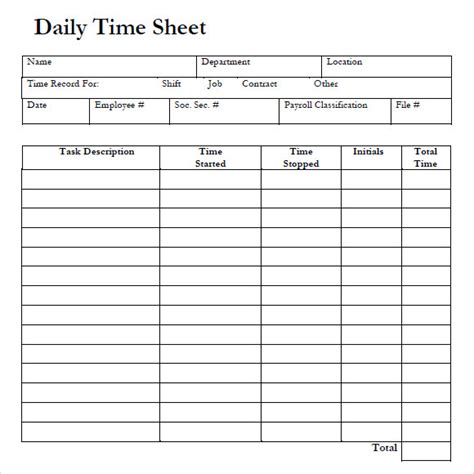 printable daily timesheet template