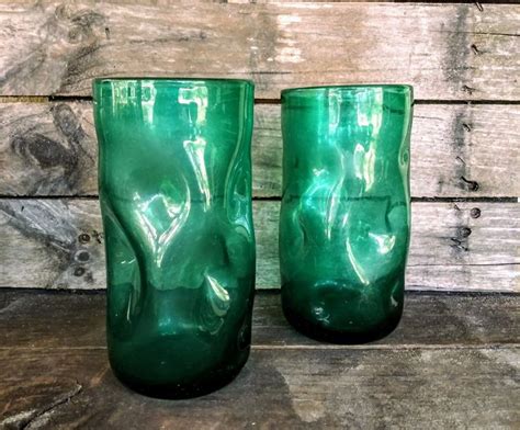 Set Of 2 Modern Emerald Green Dimpled Pinched Blenko Glass Etsy
