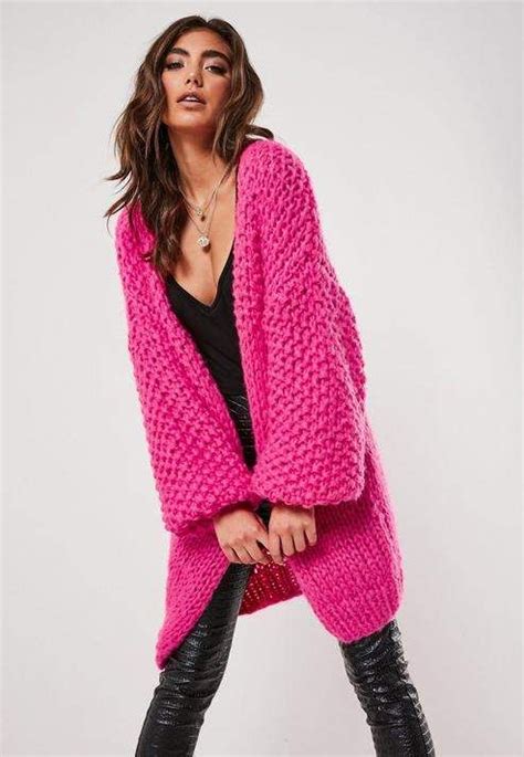 premium pink chunky hand knit cardigan hot pink sweater knit