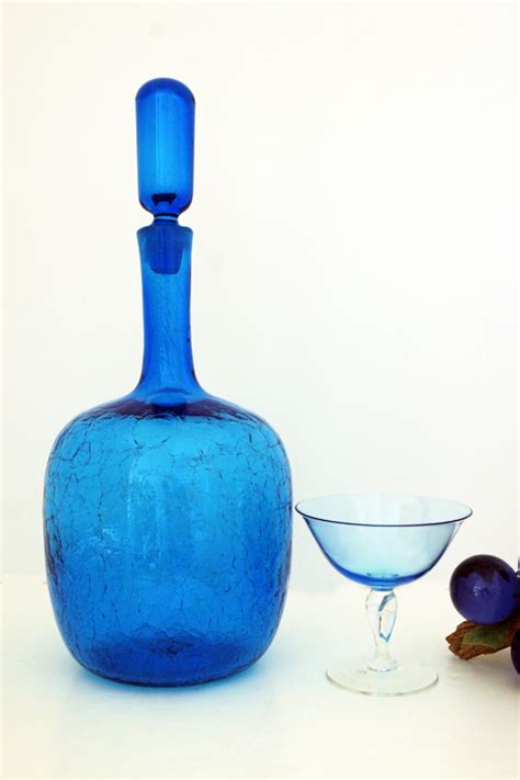 Blue Crackle Glass Decanter 1960s Blenko Art Glass