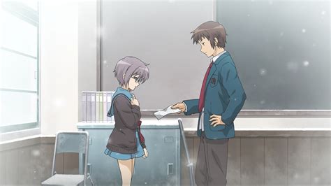 brown hair game cg glasses gray hair kyon male nagato yuki