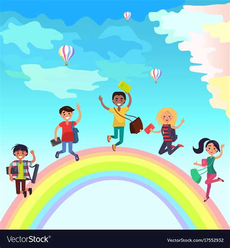 happy jumping students  rainbow royalty  vector image