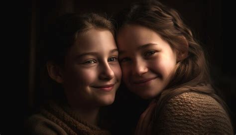 Premium Ai Image Two Girls Hugging In A Dark Room
