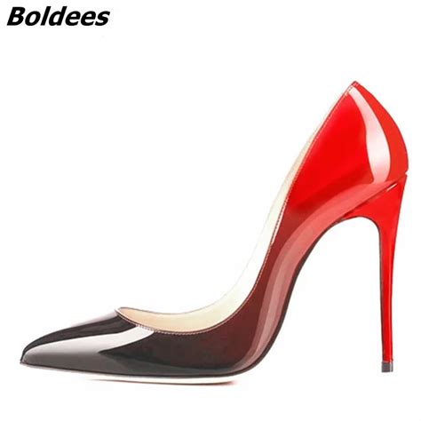 Fancy Women High Heels Wedding Shoes Black Red Patent Leather Slip On