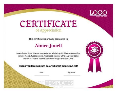 printable  school certificate  appreciation template  ms word