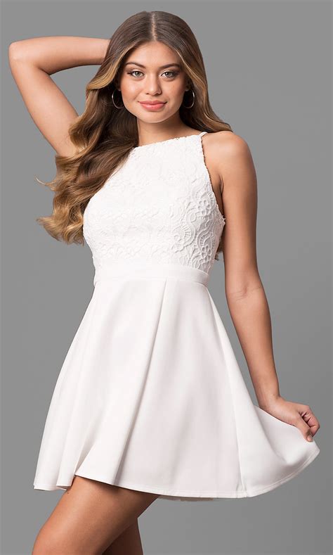 short white graduation dress with lace promgirl