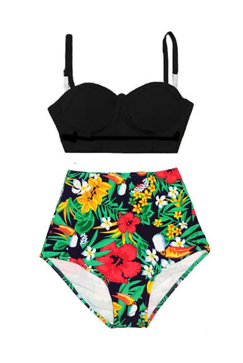 black underwire midkini block top and colorful flora floral highwaisted