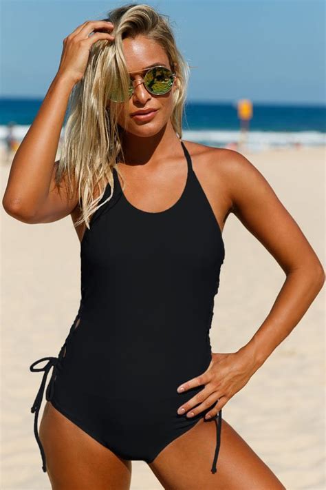 hualong side lace up halter one piece swimsuit online store for women sexy dresses