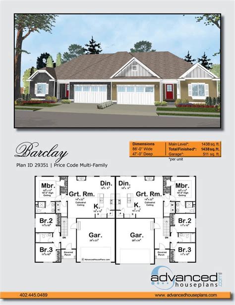 story multi family craftsman house plan barclay house plans duplex house plans  house