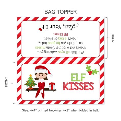 printable elf kisses treat bag topper elf kisses favor tags etsy