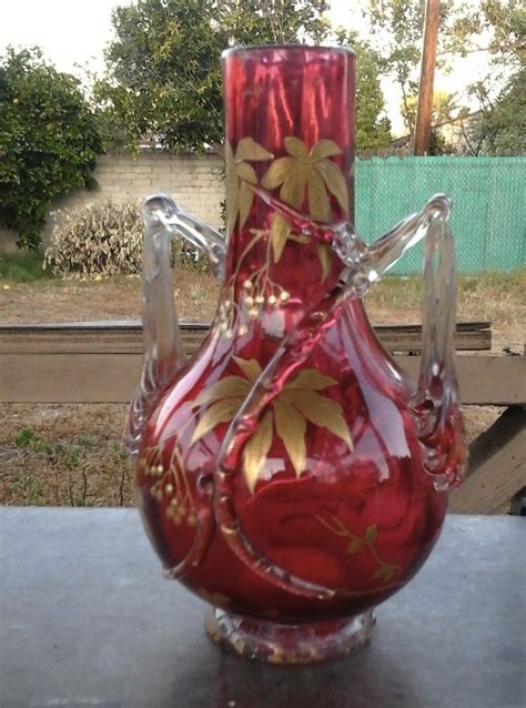 Antique Red Ruby Glass Vase With Hand Painted Gold Flowers Collectors