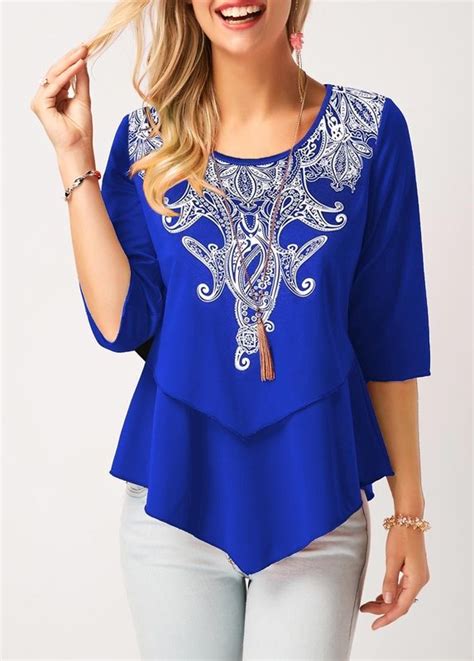 asymmetric hem  neck royal blue blouse trendy tops