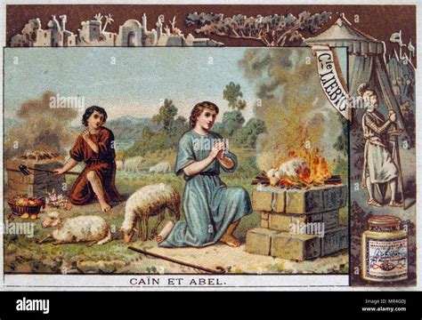 leibig card depicting  bible scene cain  abel offering sacrifices
