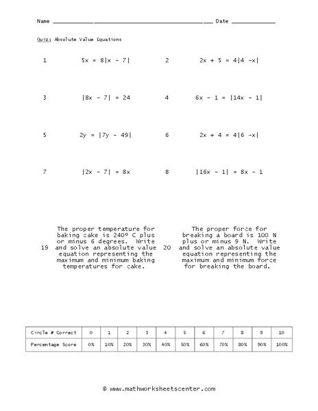 absolute  equations worksheet    grade lesson planet
