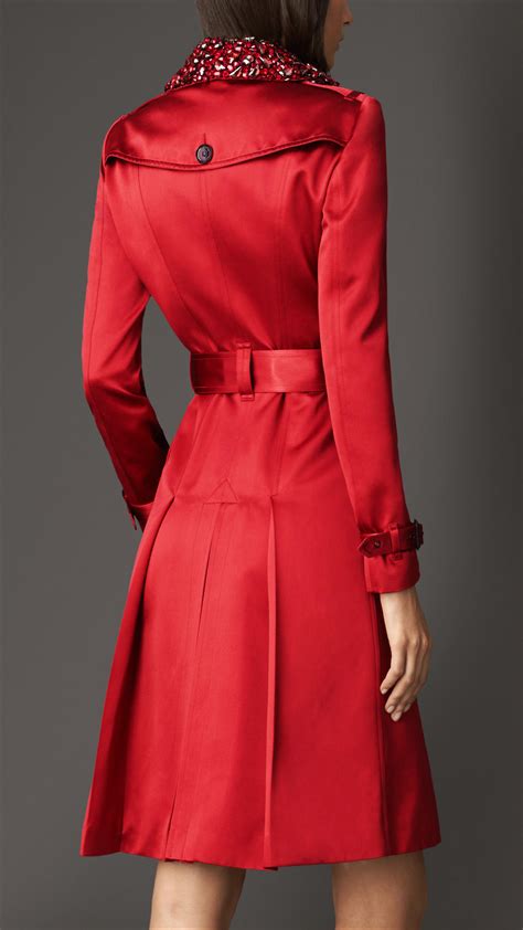lyst burberry long gem collar satin trench coat in red