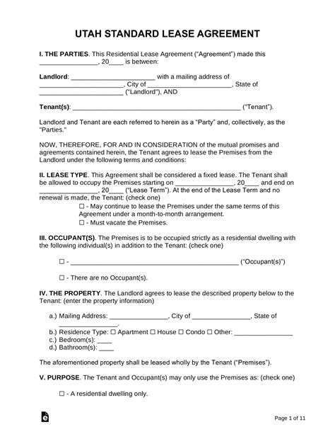 utah standard residential lease agreement template  word