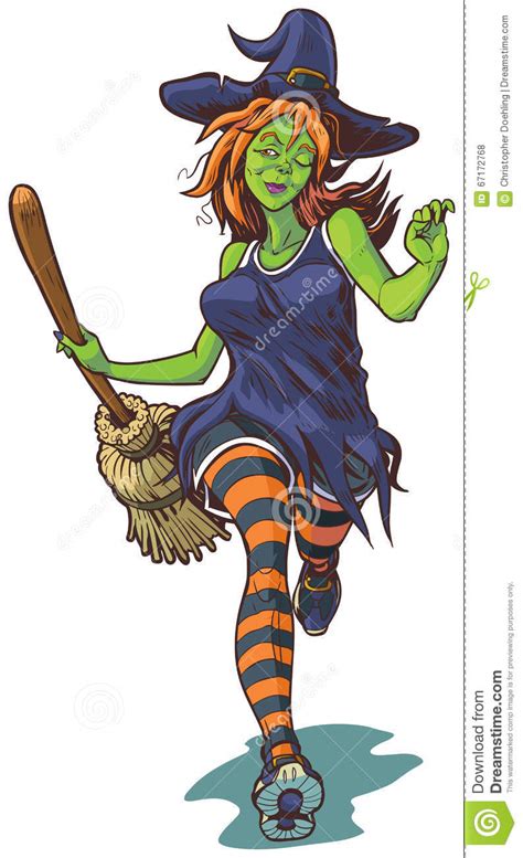 Attractive Witch Running With Broom Cartoon Illustration