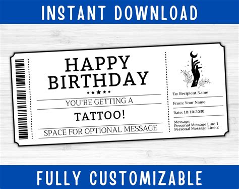 birthday tattoo voucher card certificate ticket coupon editable