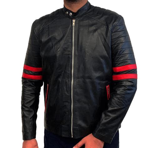 Buy Stylish Red Stripes Mens Black Leather Jacket Mlj