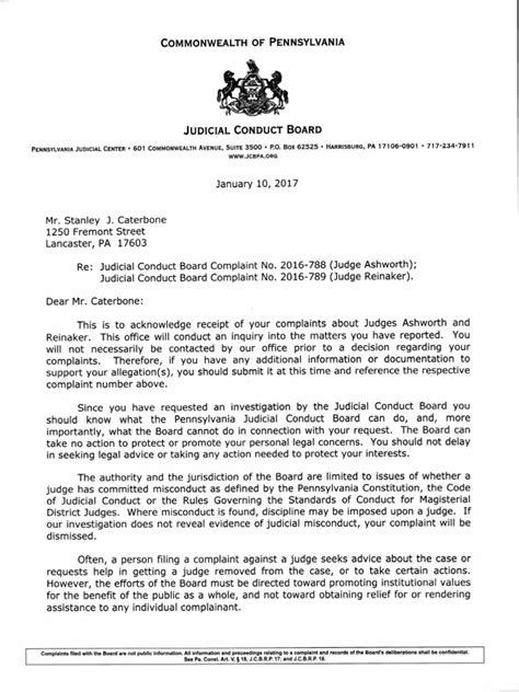judicial conduct board letter  complaint     judge