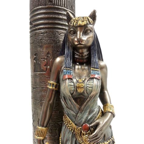 goddess bastet with egyptian pillar statue in bronze resin