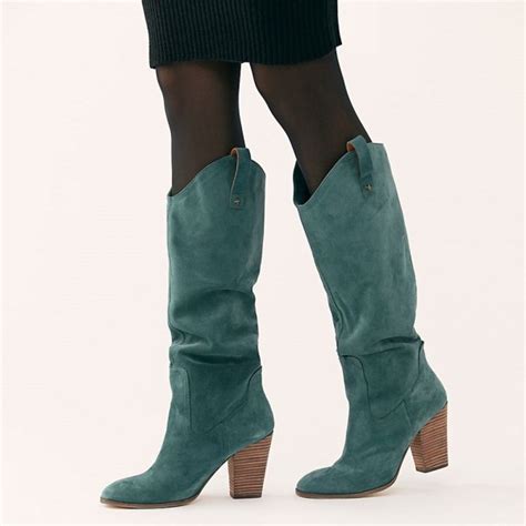 green suede slouch boots chunky heel knee high boots boots boots