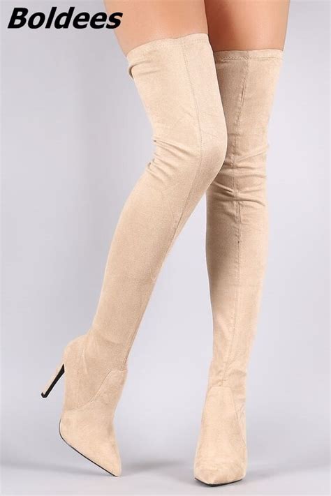 women elegant beige suede pointed toe stiletto heel thigh high boots