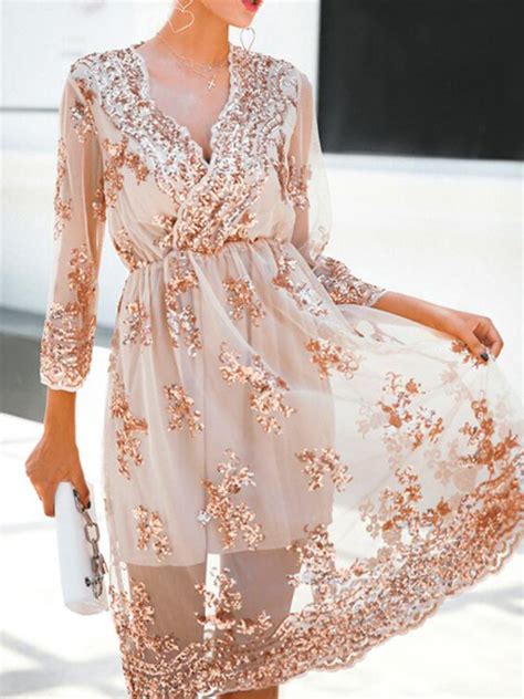 Apricot Patchwork Embroidery Lace Grenadine Sequin Pleated High Waisted