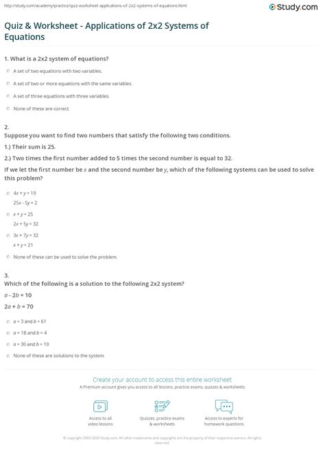 quiz worksheet applications   systems  equations studycom