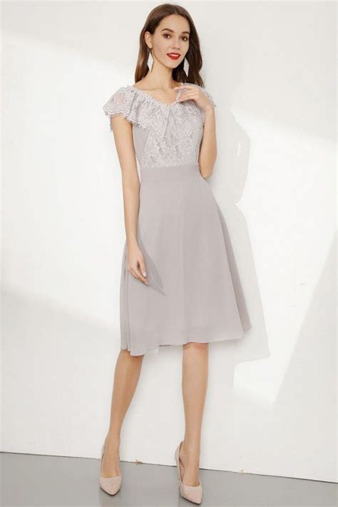 knee length grey cap sleeve prom dress with falbala lace