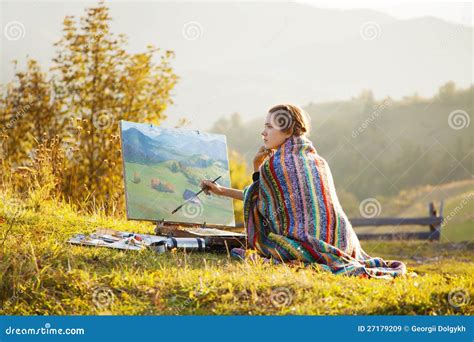 young artist painting  landscape stock image image  plaid girl