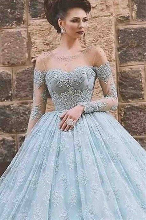 beautiful blue lace tulle ball gown wedding dress sheer prom dress