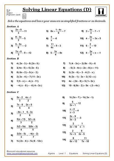 solving equations maths worksheet solving linear equations algebra