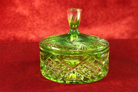 vintage green cut glass candy dish  lid hobstar radiant star