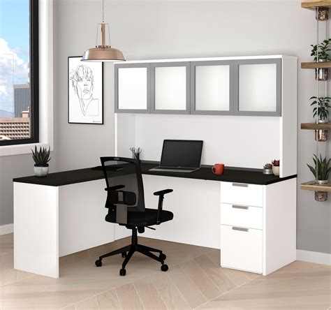 modern  shaped desk hutch  frosted glass doors  white deep