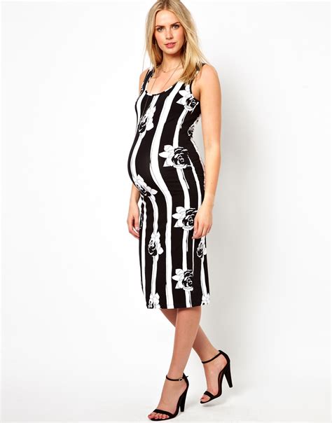 lyst asos asos maternity bodyconscious dress  monochrome stripe floral  black
