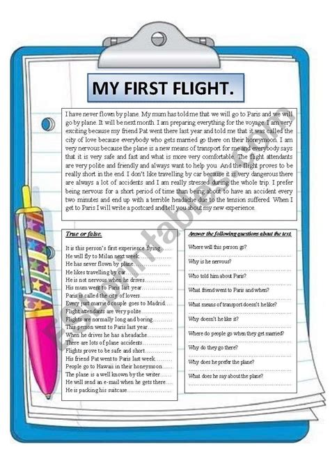 flight reading comprehension esl worksheet  montseteacher