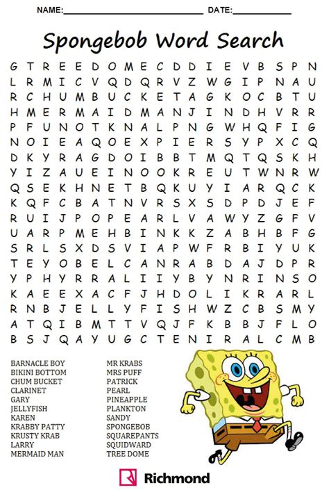 wordsearch spongebob time activity sheets  kids word search