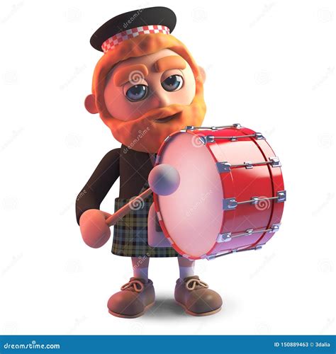 cartoon scots man wearing  kilt  playing  marching drum  illustration stock illustration