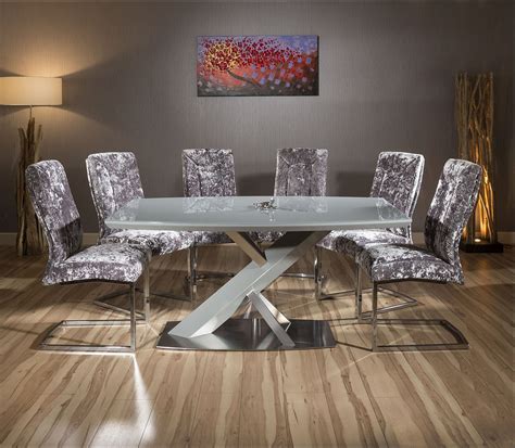 Modern Grey Glass Top 1 6m Dining Table Set 6 X Silver Velvet Chairs