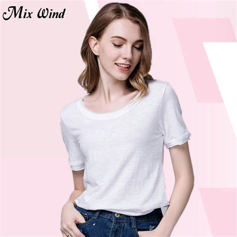 mix wind loose solid color o neck short sleeve white female t shirt