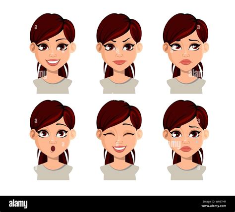face expressions of beautiful woman with brown hair set of various